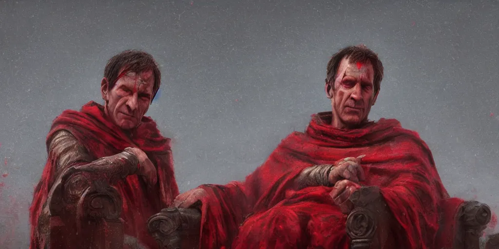 Prompt: the end is near. a tired julius caesar is sitting on his throne. face is highly detailed. splices of red are running down his toga. mist. color scheme red. low angle close shot. atmospheric. global illumination. unreal engine render. imagined by jeremy lipking