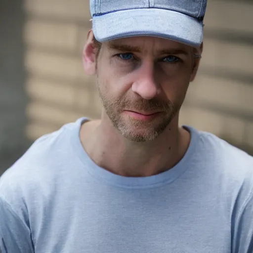 Image similar to color photograph of a 40 year old very handsome white skinny man with short, curly, blond hair and very small blue eyes, dressed in a white t shirt, gray shorts and a gray cabby cap, with a small mole to the right of his very thin lips, with a straight nose and blond stubble, with a round face, and an earring in the left ear. He resembles a lion.