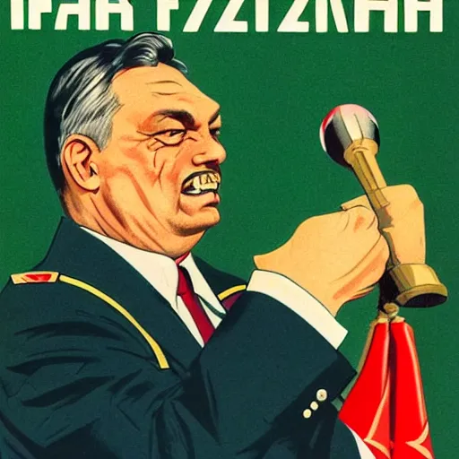Prompt: portrait of leader of fascist hungary, viktor orban winning the national farting contest, soviet propaganda poster art from 1 9 5 0, colored, highly detailed illustration