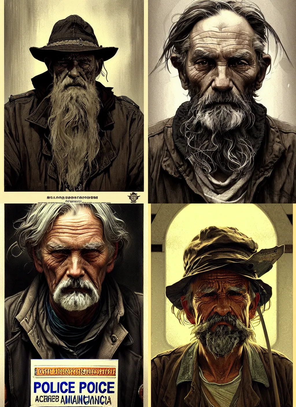 Prompt: police mugshot poster of an old hobo, intricate, sharp focus, illustration, highly detailed, digital painting, concept art, matte, art by wlop and artgerm and greg rutkowski and alphonse mucha, masterpiece