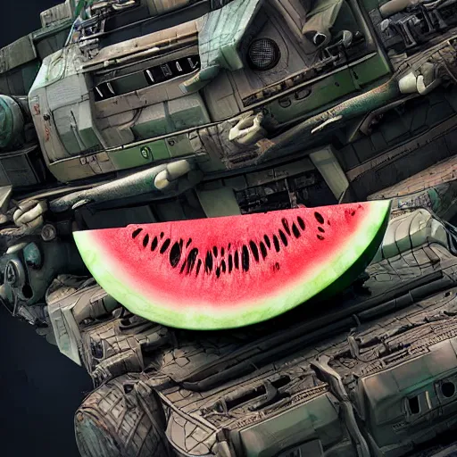 Prompt: Very very very very highly detailed sci-fi Watermelon military vehicle with epic weapons . Photorealistic Concept 3D digital art rendered in Highly Octane Render in style of Hiromasa Ogura Gost in the shell, epic dimensional light