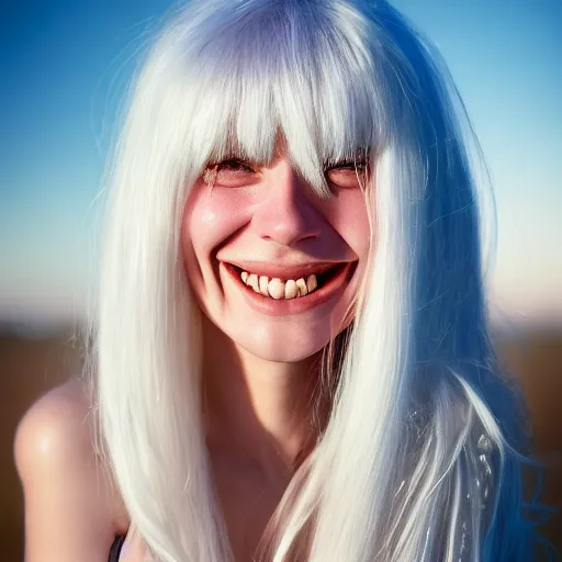 Image similar to beautiful hyperreal photo of a cute woman smiling softly, long white hair and bangs, a few cute freckles on cheeks and nose, blue eyes, very detailed face, by irakli nadar and juan francisco casas, golden hour, soft focus, 8 k, portra 4 0 0