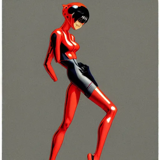 Image similar to thin girl with boyish body shape in catsuit. illustration by james jean and satoshi kon and erik jones, inspired by evangelion, smooth feature, intricate oil painting, high detail illustration, sharp high detail