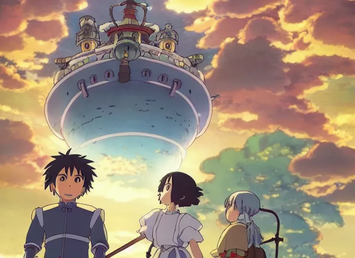 Prompt: howls moving castle reimagined japanese animation by Studio Ghibli, inspired by Ni No Kuni and Sword Art Online, high quality details by Rossdraws and Hayao Miyazak, detailed and realistic environment, cinematic lighting