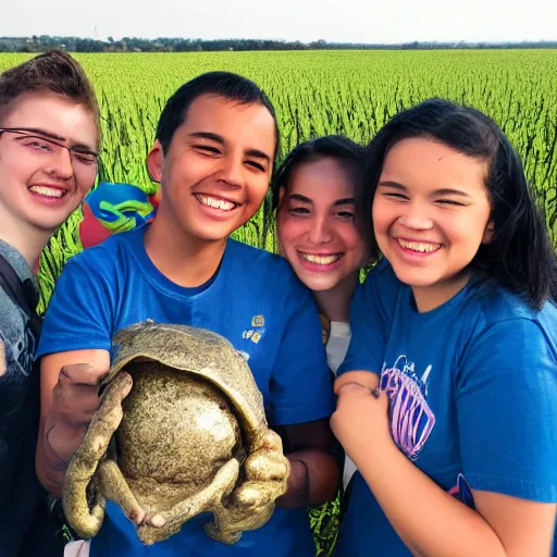 Image similar to a photograph of students smiling while holding an alien they found in a field