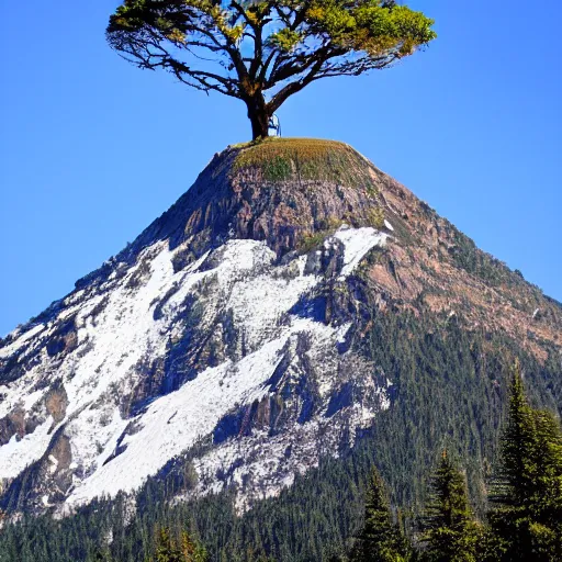 Prompt: A mountain with a giant tree on the top,