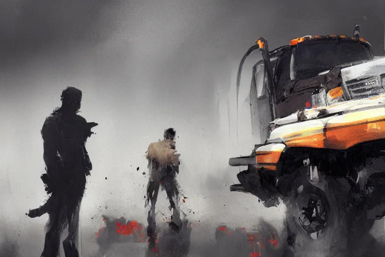 Prompt: epic concept art of an approaching truck and a man on the ground. close - up fallen man in foreground. backlight. rim light, strong contrast. by ashley wood and j. m. w. turner, speed painting, photo bash, cinematic angle, super detailing, strong perspective, traffic accident, haze over the shoulder shot