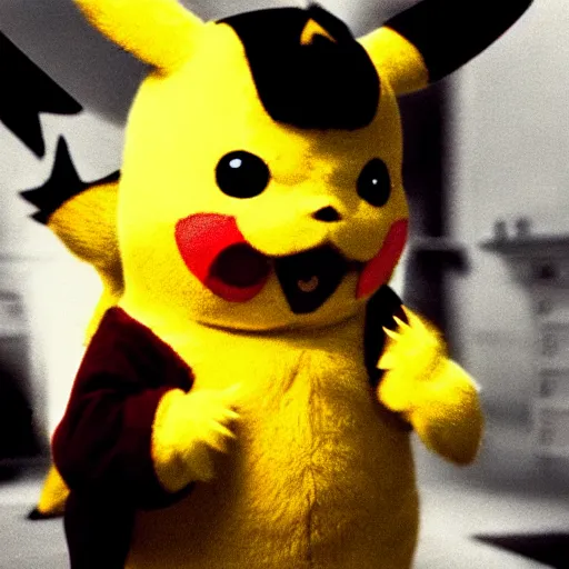 Prompt: Jack Nicholson dressed up as Pikachu, horror, evil, claws, epic scene from a film 1980 cinematography