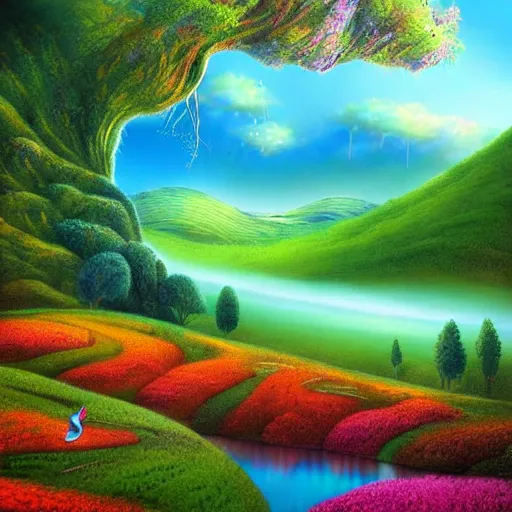 Prompt: A beautiful digital art of of a landscape. It is a stylized and colorful view of an idyllic, dreamlike world with rolling hills, peaceful looking animals, and a flowing river. The scene looks like it could be from another planet, or perhaps a fairy tale. mint, airbrush by Mandy Disher exciting