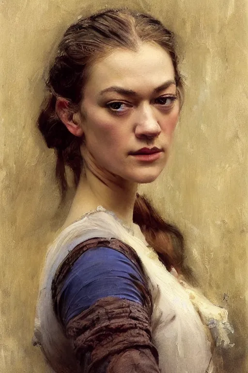 Prompt: Yvonne Strahovski by Solomon Joseph Solomon and Richard Schmid and Jeremy Lipking victorian genre painting full length portrait painting of a young beautiful woman traditional german barmaid in traditional costume