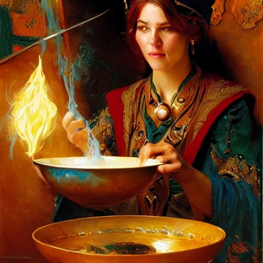 Image similar to stunning female master wizard cooking magical soup with a huge pot, highly detailed painting by gaston bussiere, craig mullins, j. c. leyendecker, 8 k