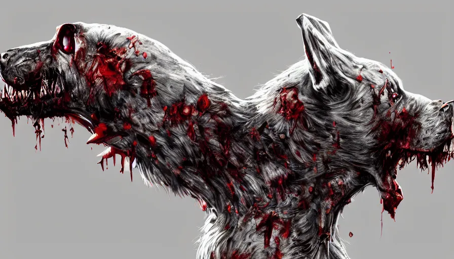 Image similar to Rabid zombie dog on white background, hyperdetailed, artstation, cgsociety, 8k