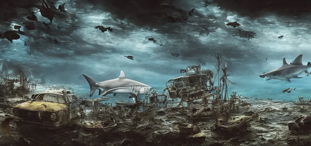 Image similar to an abandoned camp site under water, sharks, hyper detailed, dramatic lighting, CGsociety, realistic, hyper detailed, insane details, intricate, dramatic lighting, hypermaximalist, golden ratio, rule of thirds, octane render, weta digital, micro details, ultra wide angle, Artstation trending, 8k,