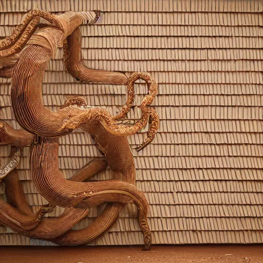 Image similar to tentacles made of brown corrugated cardboard, cut out of cardboard, realistic photography, fantasy