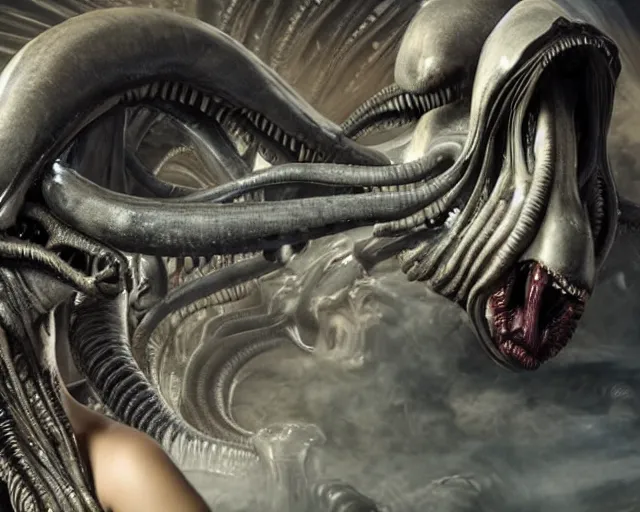 Image similar to cinematic still of kim kardashian being mouth fed by an xenomorph feeding her a transparent alien liquid, wet flowing hair, gooey skin, illustration, unreal engine 5, 8 k, directed by h. r. giger.