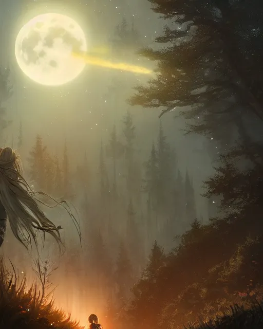 Image similar to girl looks at the space, d & d, fantasy, mist, full moon in background, trees, hyper detailed, art by artgerm and greg rutkowski and magali villeneuve, midium shot, 8 k realistic, cryengine, digital painting, trending on artstation, concept art, sharp focus, illustration,