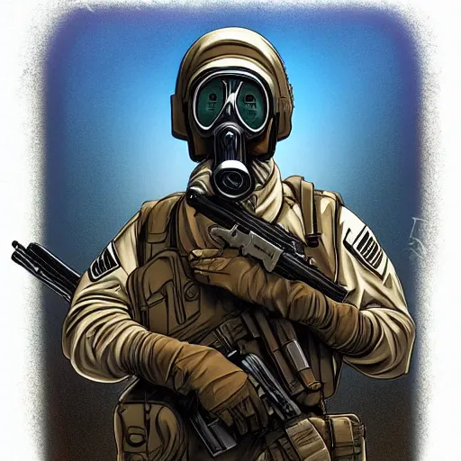 Image similar to portrait artwork of soldier wearing a gas mask holding ak-47. Artwork by Dan Mumford, realistic cinematic lighting, ultra detailed, hyper realism