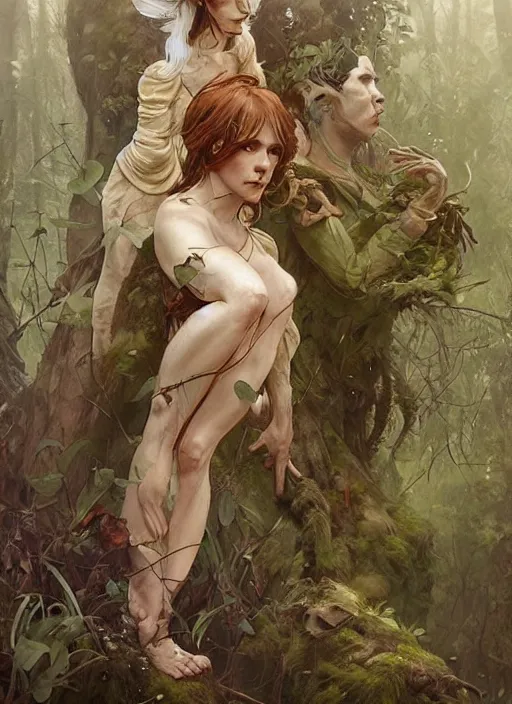 Prompt: woodland spirits made of wood and moss, full body view, beautiful high quality realistic fantasy art, trending on artstation by artgerm and greg rutkowski and alphonse mucha