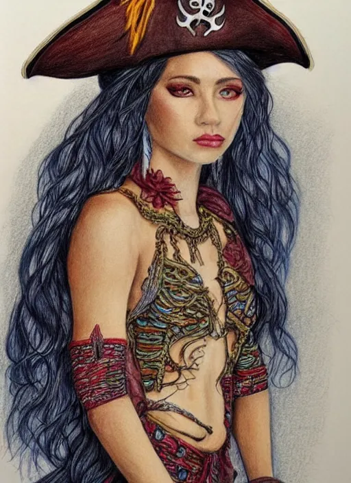 Image similar to full body detailed colored pencil drawing of a beautiful pirate female with a beautiful face wearing intricate clothing