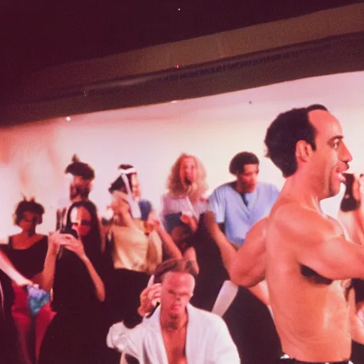 Prompt: Jerry Seinfeld voguing on a runway in a nightclub, 35mm film, 80s photo