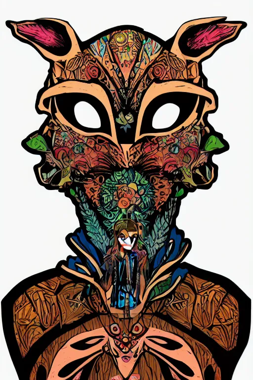 Image similar to animal mask totem roots flower tribal feather gemstone plant wood rock shaman vodoo video game vector cutout illustration vivid multicolor borderlands comics by josan gonzales and dan mumford radiating a glowing aura