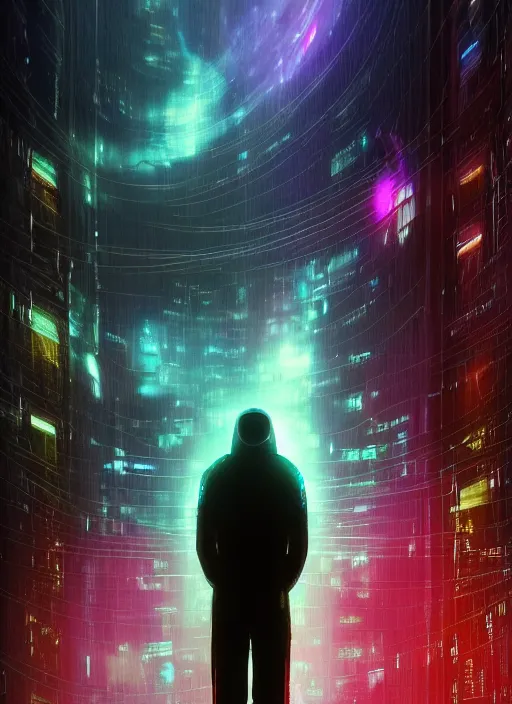 Image similar to lonely cyber person made of cosmic nebula galaxy energy watching a rainy stormy colorful complex cyberpunk futuristic city from behind at night through a window in a room full of wires and screens, 8 k, photorealistic, wet, highly detailed, cinematic mood by ridley scott, ghost in the shell, rendered in octane,, trending on artstation, glowing lights, gloomy, epic composition