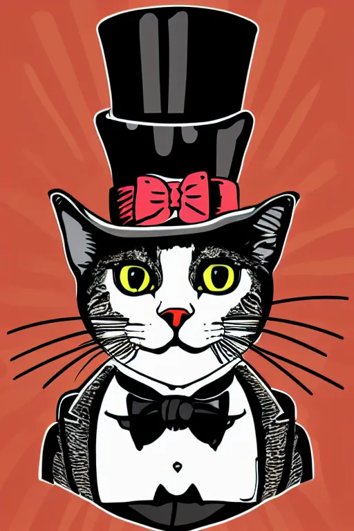 Image similar to A portrait of a cat wearing a top hat, sticker, colorful, illustration, highly detailed, smooth and clean vector curves, no jagged lines, vector art, smooth