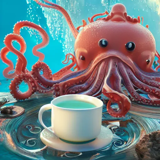 Image similar to The Queen of the Sea waves and her devoted servant octopus drink tea octane render, cinematic, elegant, intricate, 8k