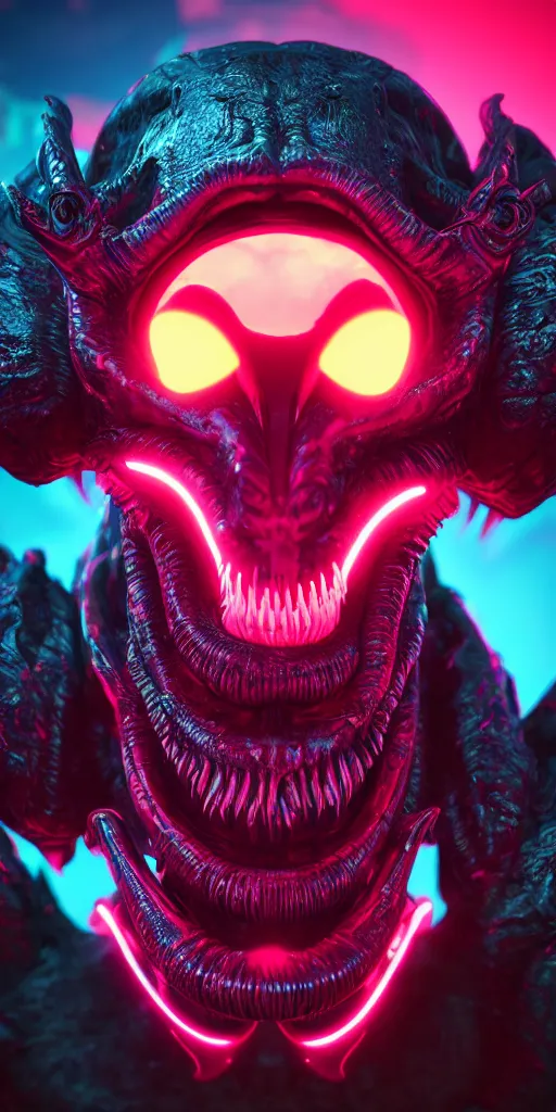 Image similar to synthwave demonic alien face with neon horns, detailed face, sharp focus, synthwave art, aesthetic, octane render, raw, cinematic