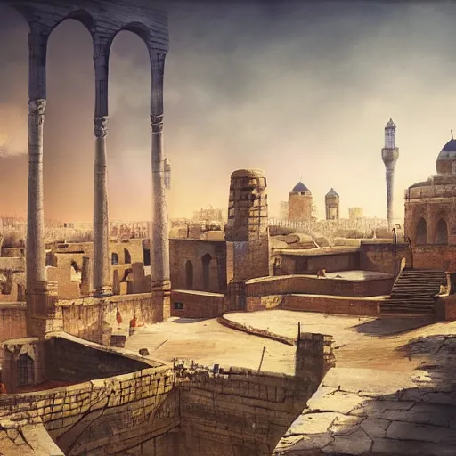 Image similar to ancient baghdad, matte painting by Felix Kelly, trending on ArtStation, lighting study