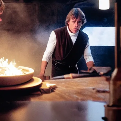 Image similar to A still of Luke Skywalker making a pizza, 4k, photograph, ultra realistic, highly detailed, professional lighting