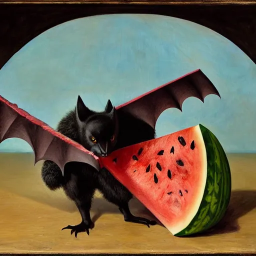 Prompt: realistic fluffy bat falls from the ceiling to eat a triangle slice of watermelon in the museum, highly detailed, sharp focus, oil painting, artwork by Victor Adame Minguez + Lovell + Sandro Botticelli