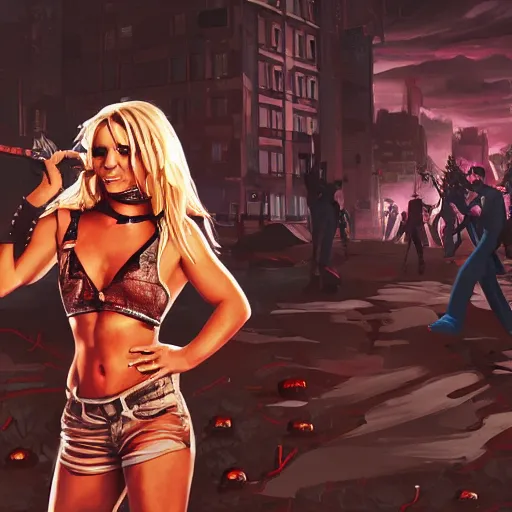 Prompt: painting of britney spears in racoon city full of zombies, hd, 4 k, 8 k artstation,