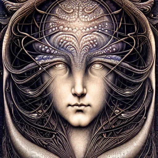 Image similar to detailed realistic beautiful moon goddess face portrait by jean delville, gustave dore, iris van herpen and marco mazzoni, art forms of nature by ernst haeckel, art nouveau, symbolist, visionary, gothic, neo - gothic, pre - raphaelite, fractal lace, intricate alien botanicals, ai biodiversity, surreality, hyperdetailed ultrasharp octane render