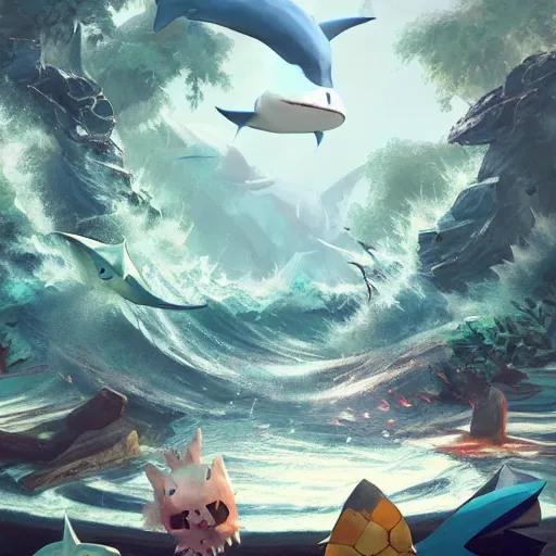 Image similar to pokemon 🦈, style game square enix life, trending on artstation, painted by greg rutkowski, render naughty dog, octane render, detailed