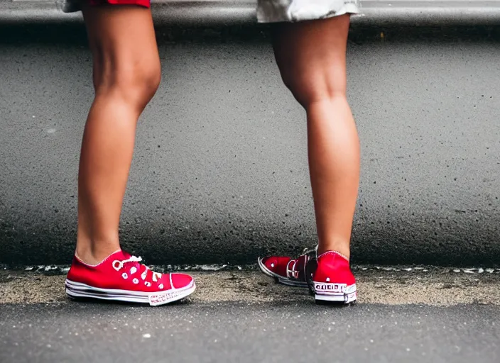 Image similar to side view of the legs of a woman sitting on a curb, short pants, wearing red converse shoes, wet aslphalt road after rain, blurry background, sigma 8 5 mm