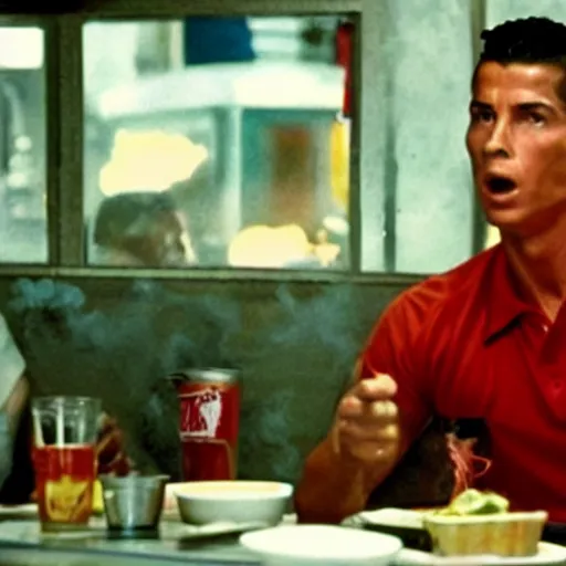 Image similar to movie still of the diner scene in the movie Heat, rendering of cristiano ronaldo as vincent hanna,