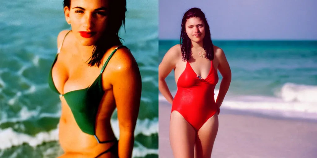 Prompt: 90s portrait photograph of an attractive Florida woman in her 20s, in a swimsuit at a beach, editorial photography medium shot, 85mm