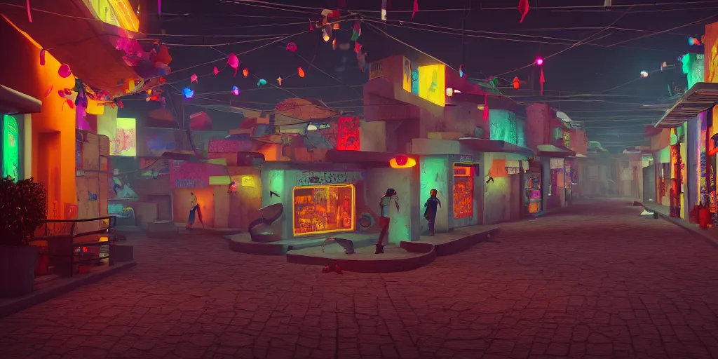 Prompt: angled view of a futuristic small mexican town cobbled street, blade runner 2 0 4 9 city architecture, mexican dia de muertos hanging paper decorations, environmental lighting, stromy weather, ray tracing, amazing view, highly detailed, neon shops, octane render, unreal engine 5, 4 k