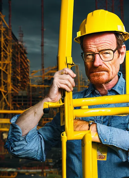 Prompt: closeup portrait of mecha bryan cranston with construction crane, yellow hardhat, natural light, bloom, detailed face, magazine, press, photo, steve mccurry, david lazar, canon, nikon, focus