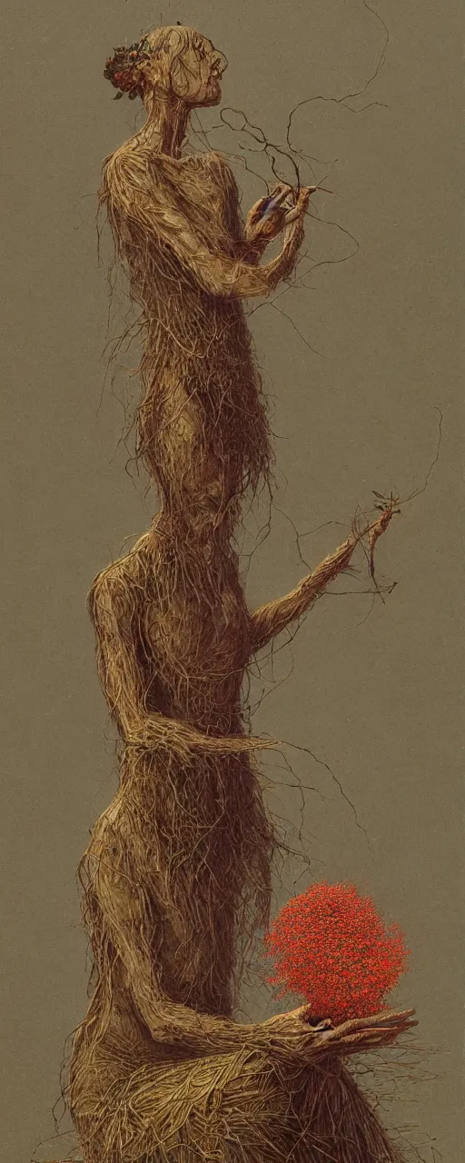 Prompt: a golemn tending to a intricate dried flower, zdzislaw beksinski, arthur rachham, 8 k, artstation