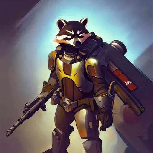 Image similar to greg manchess portrait painting of armored rocket raccoon as overwatch character, medium shot, asymmetrical, profile picture, organic painting, sunny day, matte painting, bold shapes, hard edges, street art, trending on artstation, by huang guangjian and gil elvgren and sachin teng