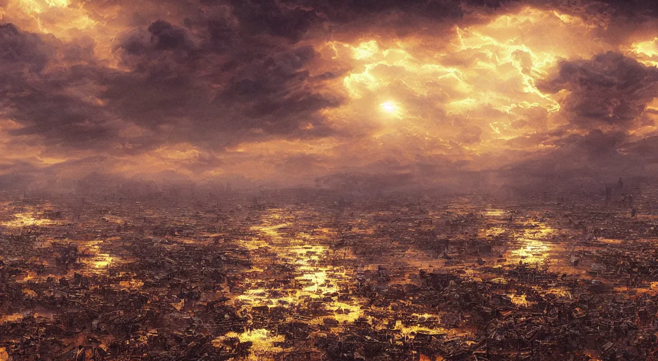 Image similar to The last rain on earth, hyper detailed photorealistic, golden hour