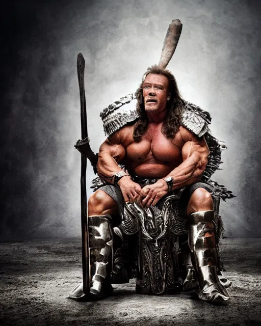 Prompt: arnold schwarzenegger as king conan, directed by john millius, photorealistic, sitting on a metal throne, wearing ancient cimmerian armor, a battle axe to his side, cinematic photoshoot in the style of annie leibovitz, studio lighting