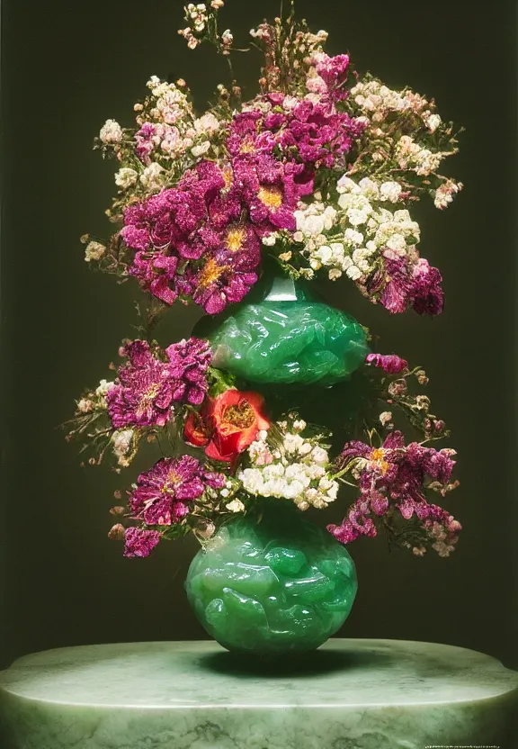 Image similar to a floral bouquet made out of gemstone crystals, in an elaborate jade vase sitting in a gloomy candlelit cabin under a narrow spotlight, the flowers are made out of gemstone, hyperrealism, shot on film