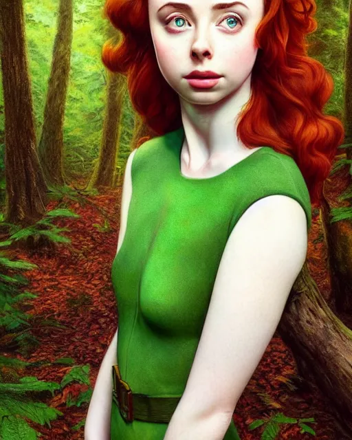 Image similar to gorgeous Kacey Rohl, realistic character concept, red hair, symmetrical face, symmetrical eyes, green dress, forest, trees, shorter neck, cinematic lighting, artgerm, Norman Rockwell, Joshua Middleton, Adreas Rocha, beautiful