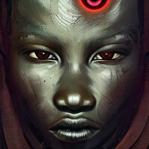 Image similar to a dark and ominous african child soldier with a half robot face and one glowing eye, Apex Legends character digital illustration portrait design, by android jones and greg rutkowski in a cyberpunk voodoo style, detailed, cinematic lighting, wide angle action dynamic portrait