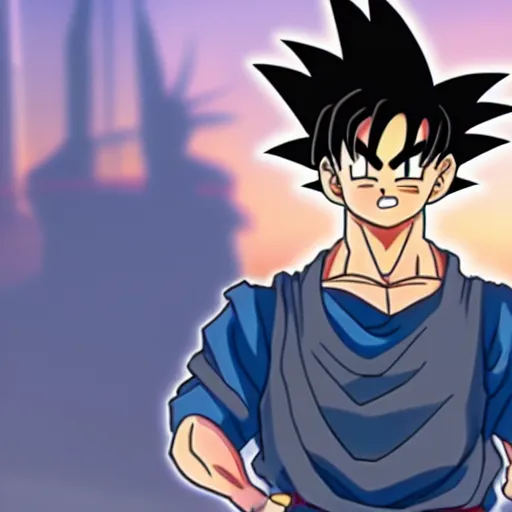Image similar to highly detailed photo of goku wearing black tuxedo standing in front of statue of liberty, anime concept art, symmetrical face, smiling, clear nose, golden hair highly detailed, 8 k