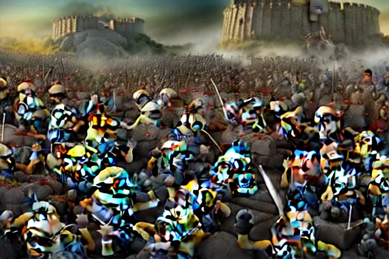 Prompt: diorama of minions fighting orcs in the battle of helm's deep, giant castle walls, realistic, 4 k, detailed