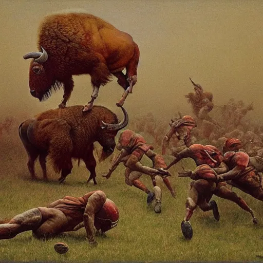 Prompt: Bison playing American football, dark fantasy, Warhammer, artstation painted by Zdzisław Beksiński and Wayne Barlowe